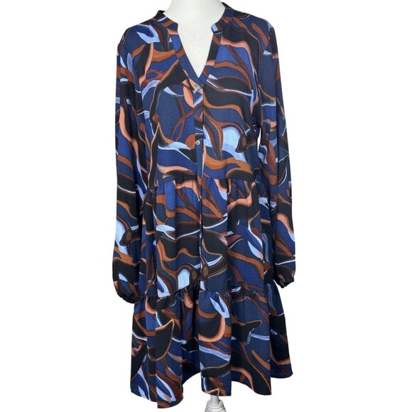 Nine West Womens Dress M Multicolor Abstract Print Tiered Long Sleeve Buttoned - Picture 2 of 12